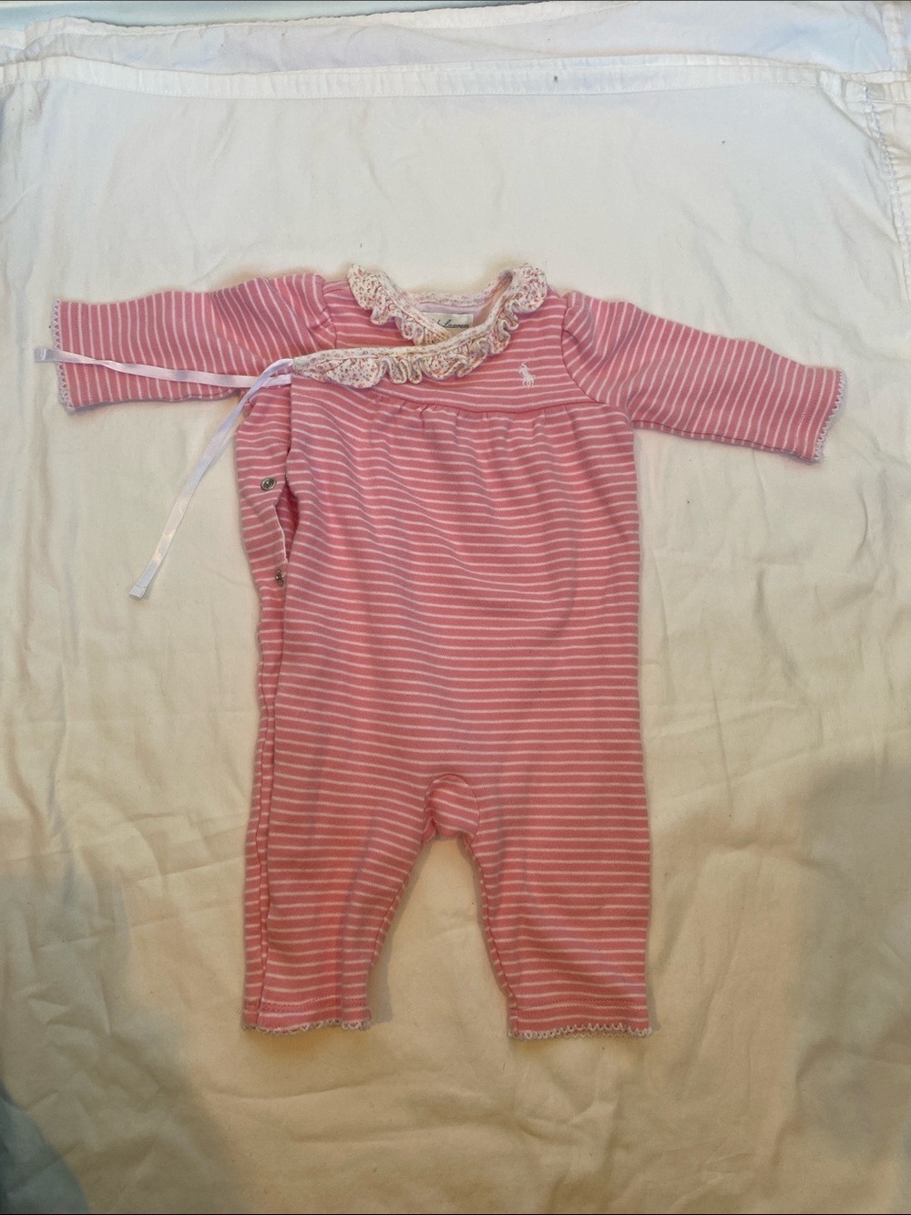 Ralph Lauren Pink & White Striped Lace-Collar Baby Footie
